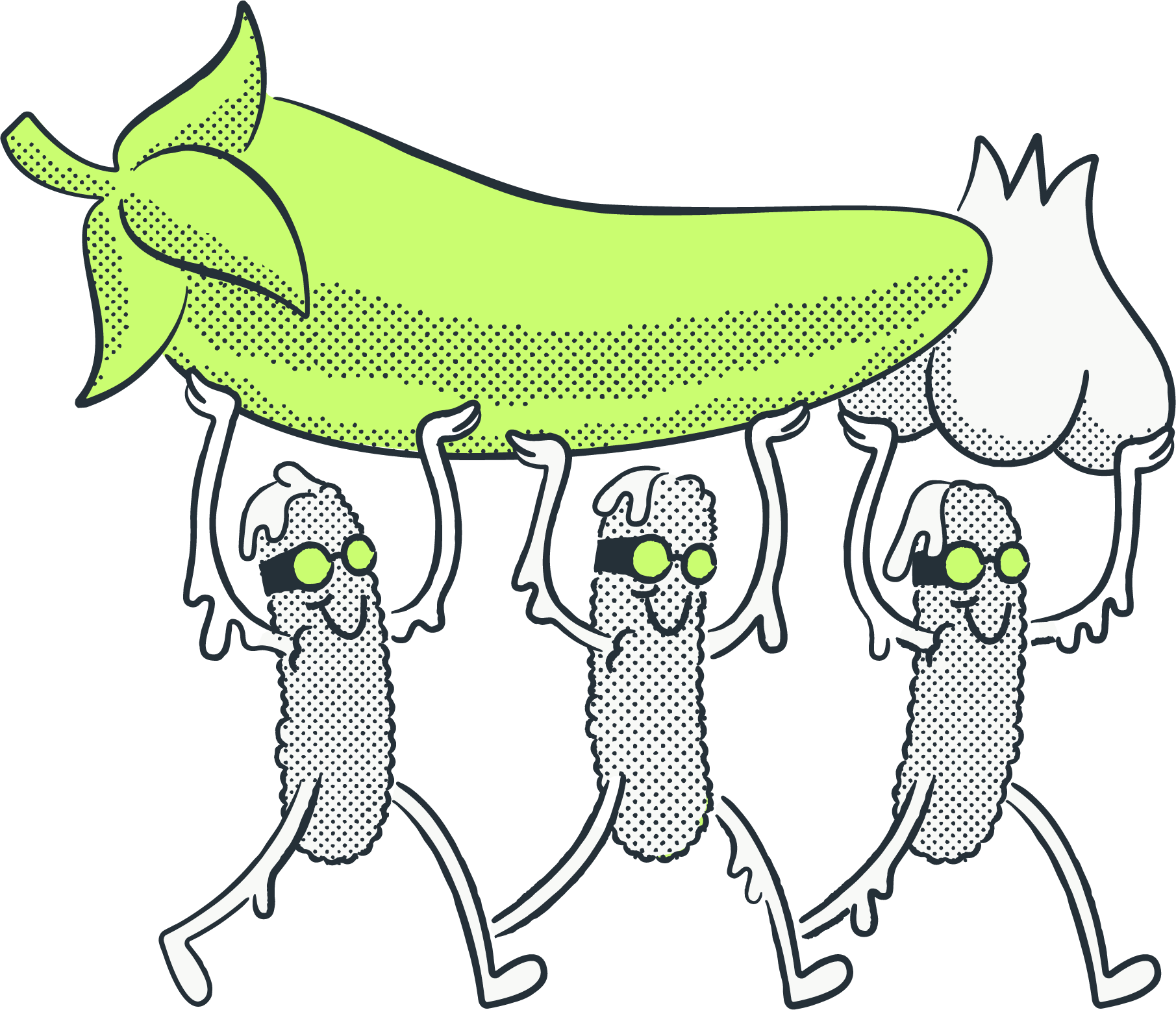graphic of three humanoid mozzarella sticks holding up a pepper and garlic bunch.